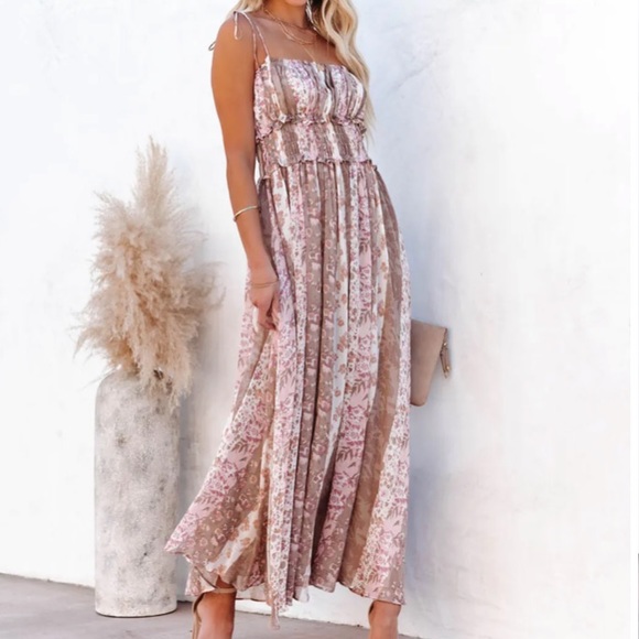 FLORAL SMOCKED TIE STRAP MAXI DRESS - BLUSH medium - Picture 1 of 5